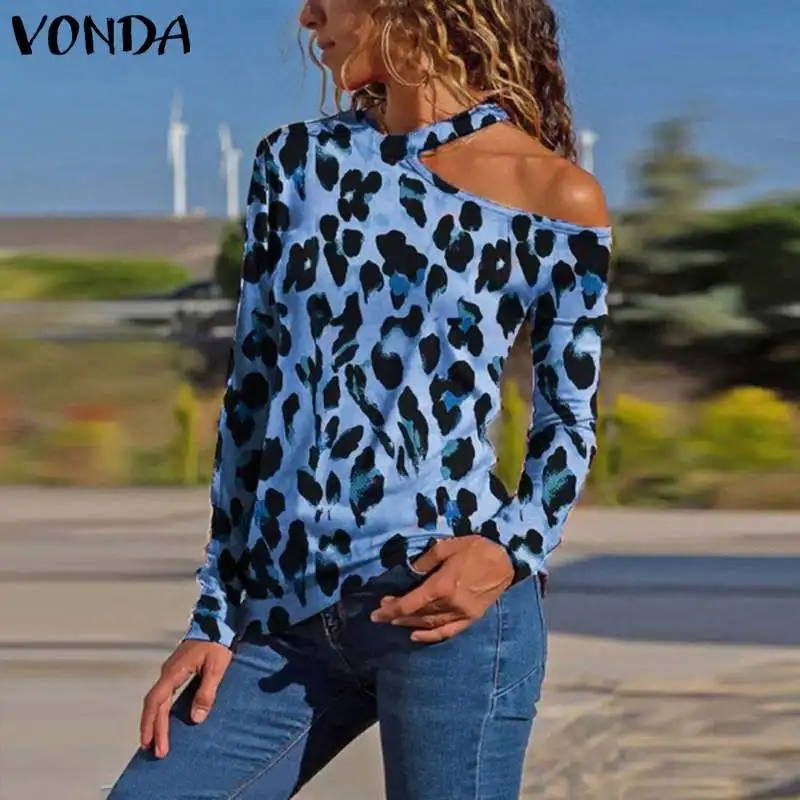  VONDA Women Bohemian Tops Leopard Shirts 2019 Sexy Long Sleeve Shirts Oblique Collar Print Party To