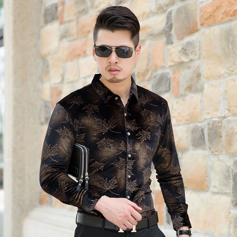 Мужская бархатная рубашка с длинным рукавом и принтом|dress shirt|dress shirt fashiondress pattern |