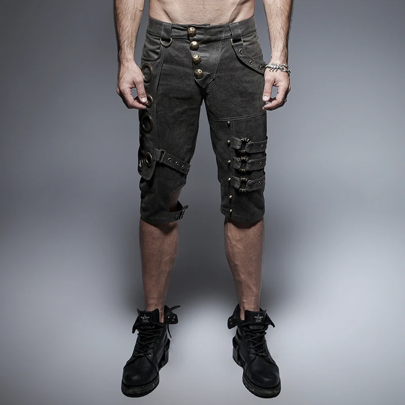 

Steampunk men's asymmetric rivet button design gray knee shorts personality cotton casual slim