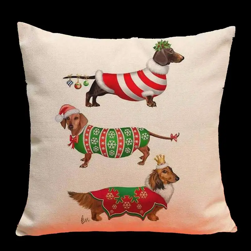 Christmas Dachshund Pillow Case Linen Throw Cushion Cover Navidad Cute