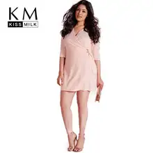 Kissmilk Plus Size Solid Pink Women Dress Half Sleeve Knee-Length Wrap V-neck Sashes Dress Fashion Sexy Sumner Dress v neck half sleeve tea length dress