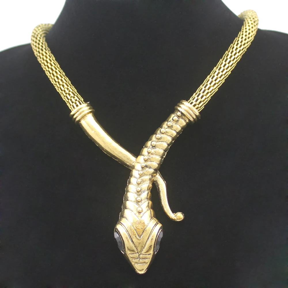 

Vintage Gold Silver Egyptian Cleopatra Snake Serpent Mesh Chain Crystal Gem Eyes Statment Colar Choker Bib Maxi Necklace Jewelry