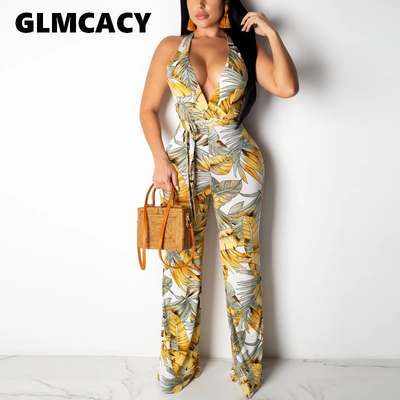 

Women Summer Vintage Leaf Printed Jumpsuit Sleeveless V Neck Sexy Jumpsuits Elegant Holiday Boho Beachwear