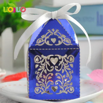 

Delicate flower metallic blue wedding gifts candy boxes custom name logo wedding favour boxes wholesale