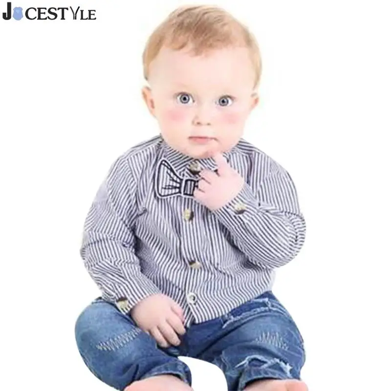 

JOCESTYLE 2Pcs/Set Baby Boy Denim Long Sleeves Shirt Top+Pants Suit Gentleman Boys Clothing Set Vertical Stripes Clothes