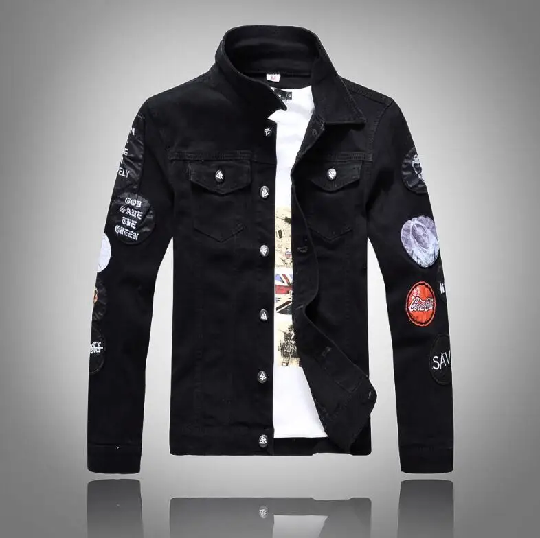 VXO джинсовая куртка мужская рубашка с длинными рукавами джинсовая куртка пальто Мужская джинсовая куртка с заплатками Потертая джинсовая куртка-бомбер - Цвет: Черный