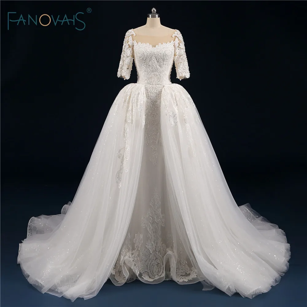 

Vintage Mermaid Wedding Dress 2019 Scoop Half Sleeves Removable Train Lace Wedding Gown Beaded Vesrido de Novia WN16