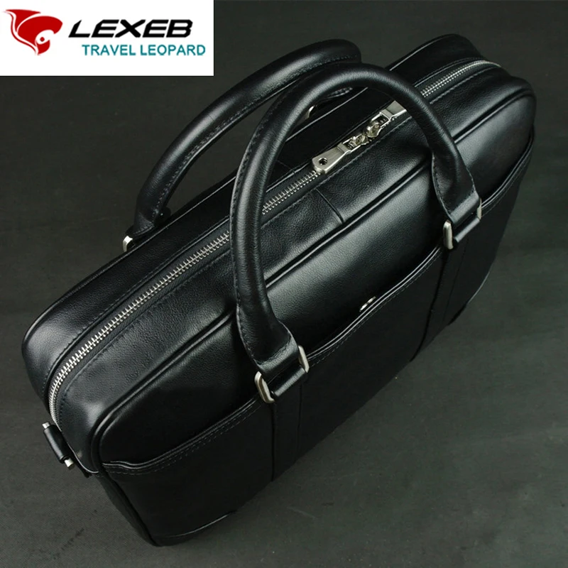 LEXEB Full Grain Genuine Leather Briefcase Men Office Bags 15 Inches Laptop Briefcases High Quality Casual 42cm Length In Black