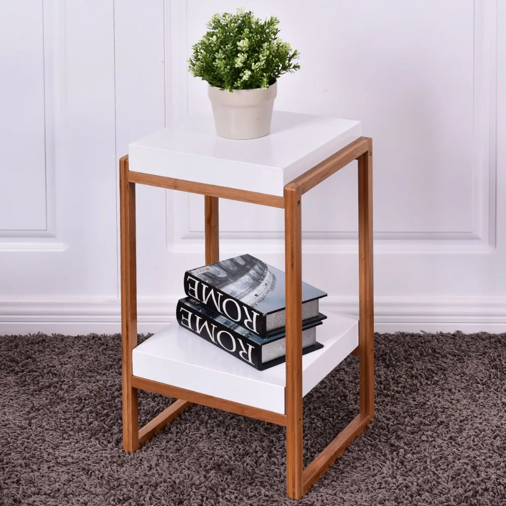 Goplus Side End Table Accent Coffee Table Bamboo Wood Storage Night Stand Modern Home Display Shelf White Nightstand HW55477