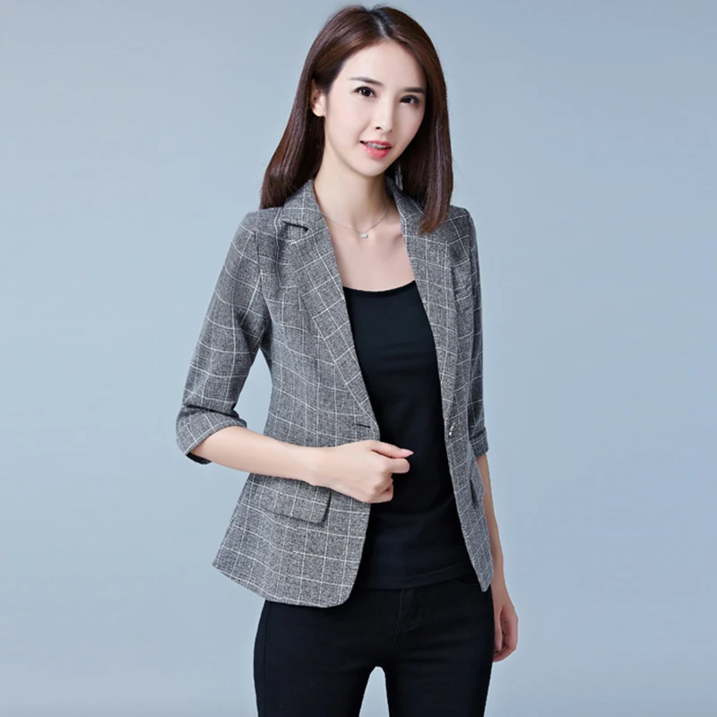 AOSSVIAO 2017 New Blazers Feminino Womens Plaid Three Quarter Business Suits Autumn All-match Woman Jackets Slim Blazer Suit