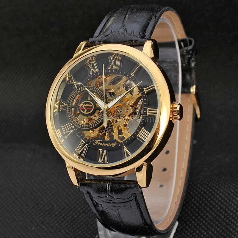 

Free delivery Cool Men Leather Skeleton Automatic Mechanical Stainless Steel Sport Wrist Watch