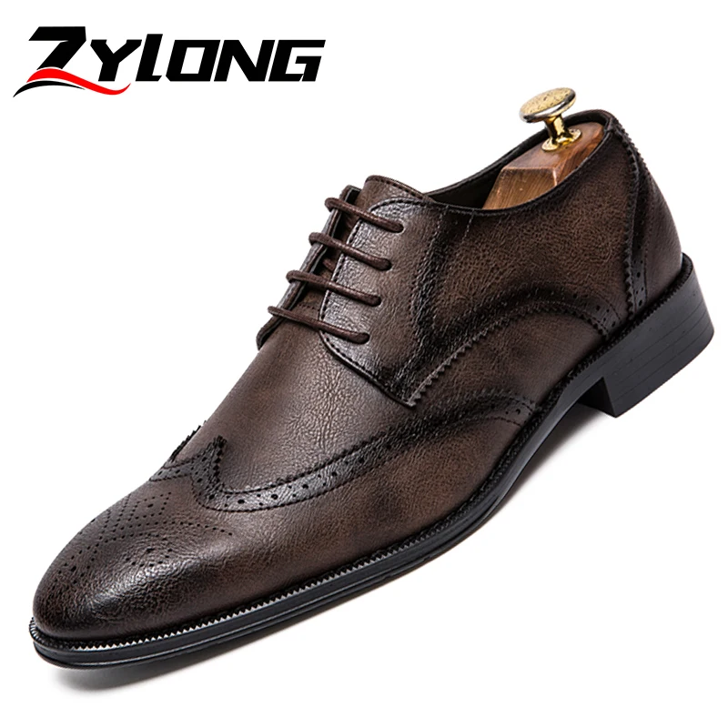 Plus Size 38-47 Men Formal Business Shoes Luxury Men's Brogue Carved Dress Shoes Male High Quality Leather Shoes Brown Black