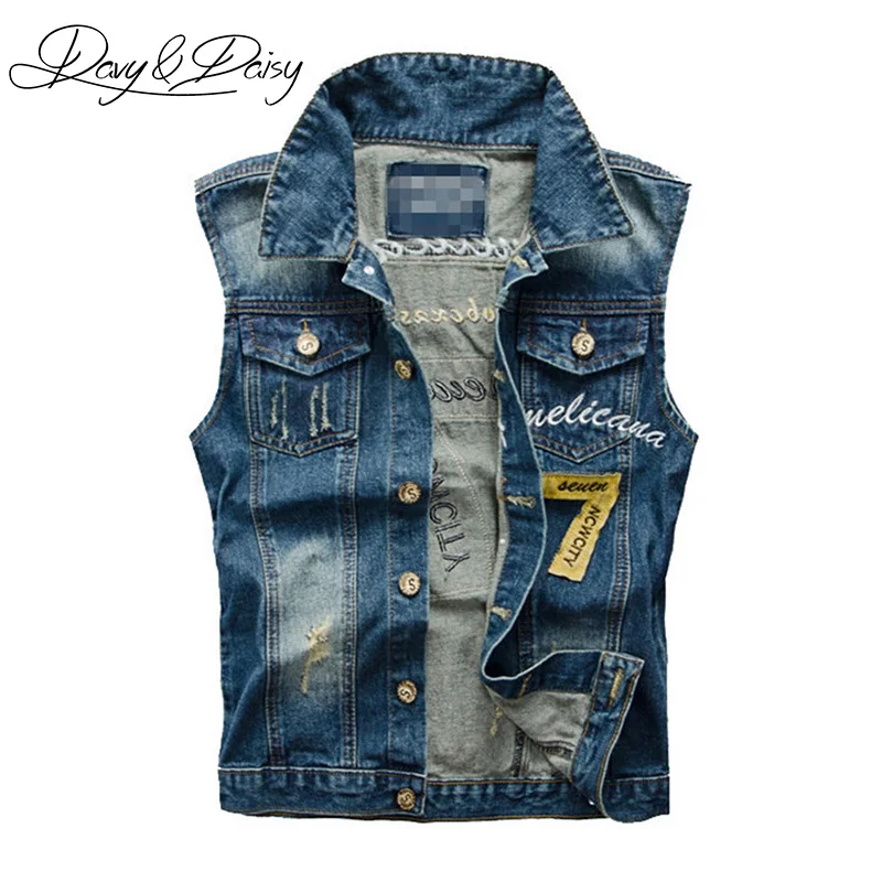 

DAVYDAISY Men's Denim Vest Ripped Cowboy Sleeveless Jacket Hip Hop Letter Embroidery Men Jeans Waistcoat Plus Size 5XL DCT-079