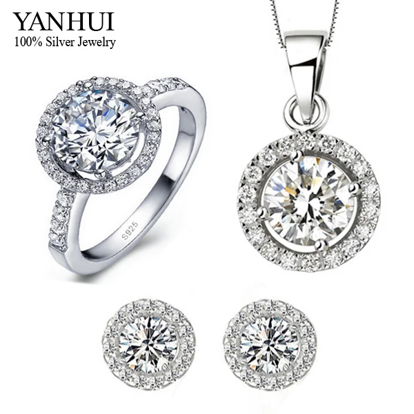 

YANHUI 100% 925 Sterling Silver Wedding Bijoux Accessories Sets CZ Diamant Anillo Collar Aretes Bride For Women jewelry HS004