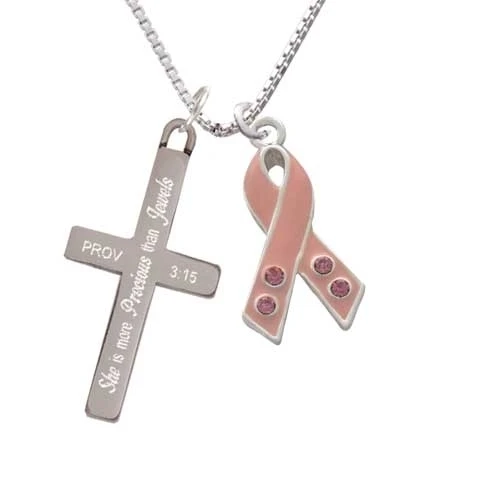 Large Pink Ribbon with Crystals - She is More Precious - Cross Necklace (1)