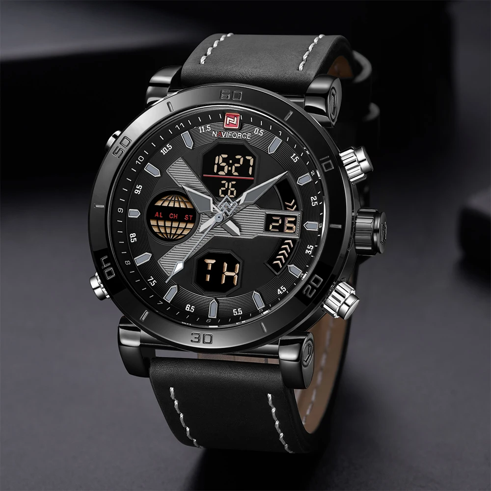  NAVIFORCE Brand Men's Watches Sport Military Dual Display Leather Watch Round 3ATM Waterpoof Multif
