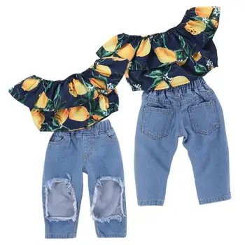

Fashion Toddler Baby Kids Girls Clothes Sets Summer Tops T-shirt Hole Jeans Girl Clothing Summer Autumn Outfit 2PCs