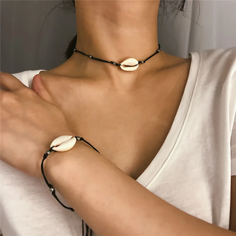 

Bohemian Natural Sea Shell Choker Necklace for Women collar concha Jewelry Black Rope Chain Silver Bead Clavicle Beach Neckalce