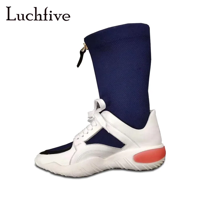 

Hot style silk ankle boots women elastic lace up round toe short boots casual outwear blue zipper wedges winter shoes woman