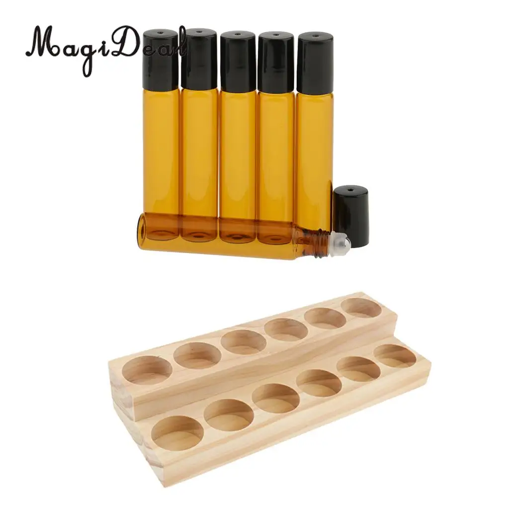 2 Layers Wooden Essential Oil Display Rack Organizer Stand Holder with 6 Pieces 10ml Refillable Roll On Glass Bottles