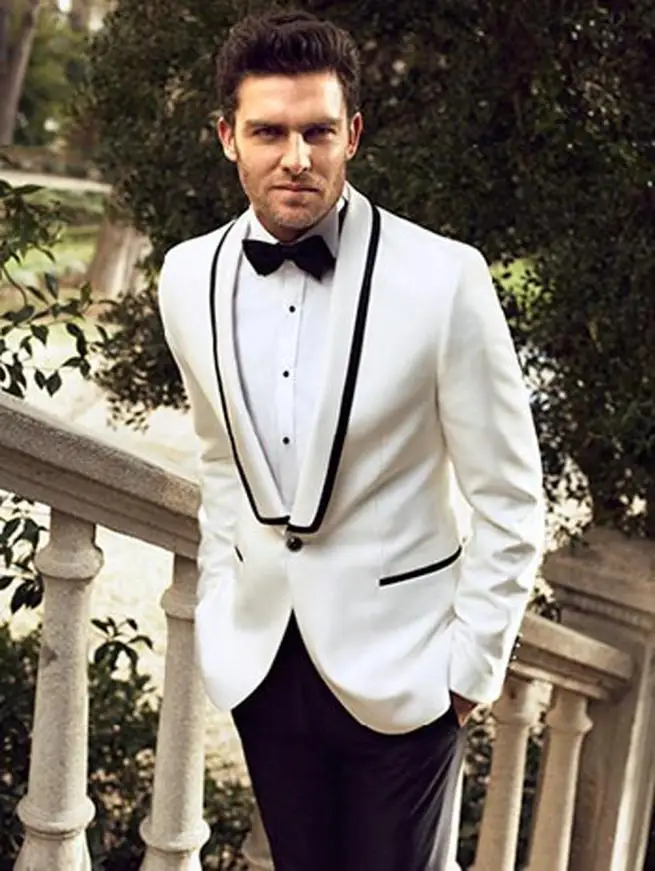 

New Style One Button Ivory Groom Tuxedos Groomsmen Men Wedding Tuxedos Bridegroom Prom Suits (Jacket+Pants+Girdle+Tie)