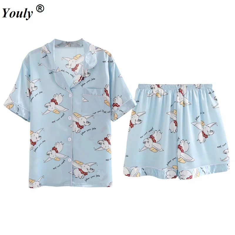 

Dumbo Print Silk Pajama Sets 2019 Summer Women's Female Faux Silk Two Pieces Shirts and Shorts Pants Nighties Sleepwear Homewear