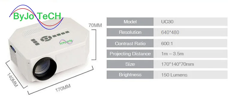 ByJoTeCH UC30 HD светодиодный мини-проектор/собственный 640X480/Поддержка HDMI/три Линзы для очков/150 люмен с пультом дистанционного управления