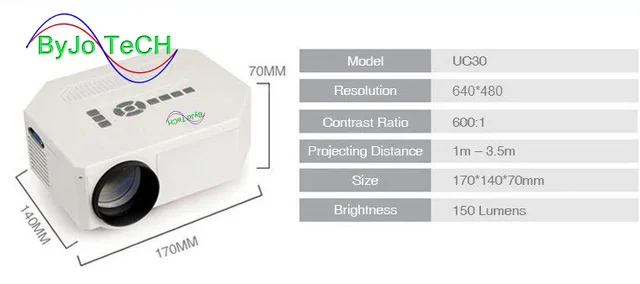 ByJoTeCH UC30 HD mini LED projector / Native 640X480 / Support HDMI / Three Glasses lenses/ 150 lumens With Remote Controller