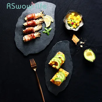 

Black Leaf Shape Dish Creative Rock Set Plate Japanese Style Sushi Sashimi Plate Serving Platter Dinner Plates For Tableware