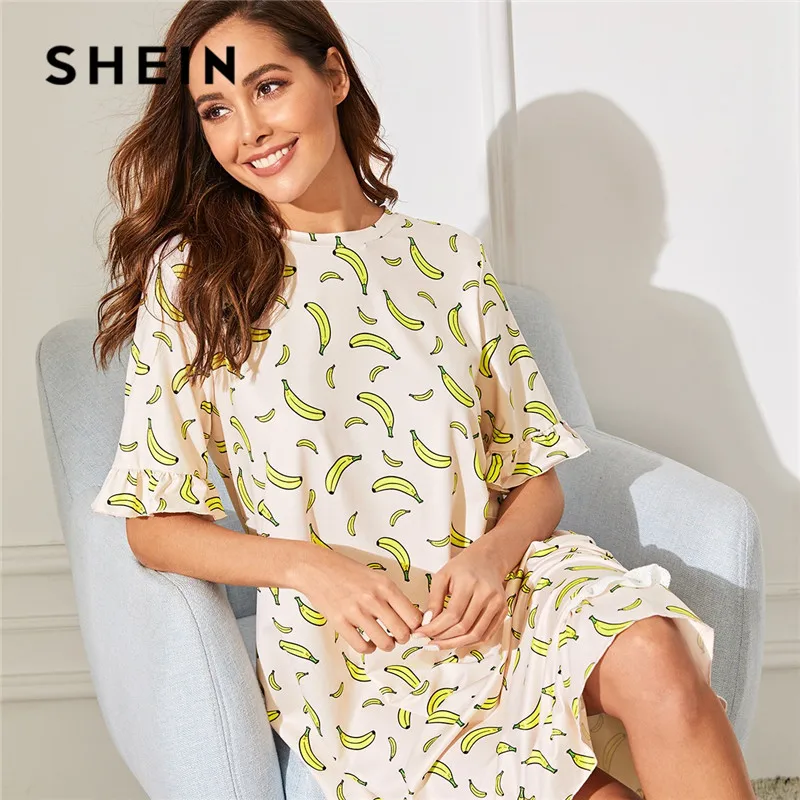 

SHEIN Lady Casual Ruffle Hem Banana Print Night Dress Women Summer Half Sleeve Round Neck Sleepwear Cute Stretchy Nightgown