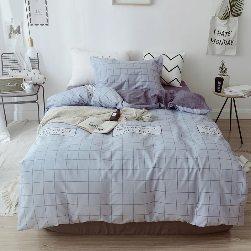

Simple Gray Plaid Pattern Bedding Set Full Size Flower Bed Linen 3pcs/Set Duvet Cover Set Pastoral Bed Sheet AB Side Duvet Cover