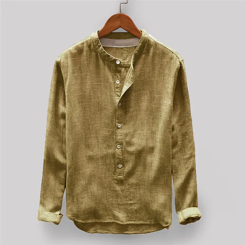  New Fashion Mens Men Autumn Winter Button Casual Daily Linen and Cotton Long Sleeve Travel Top Solid Blouse #4F04 (15)