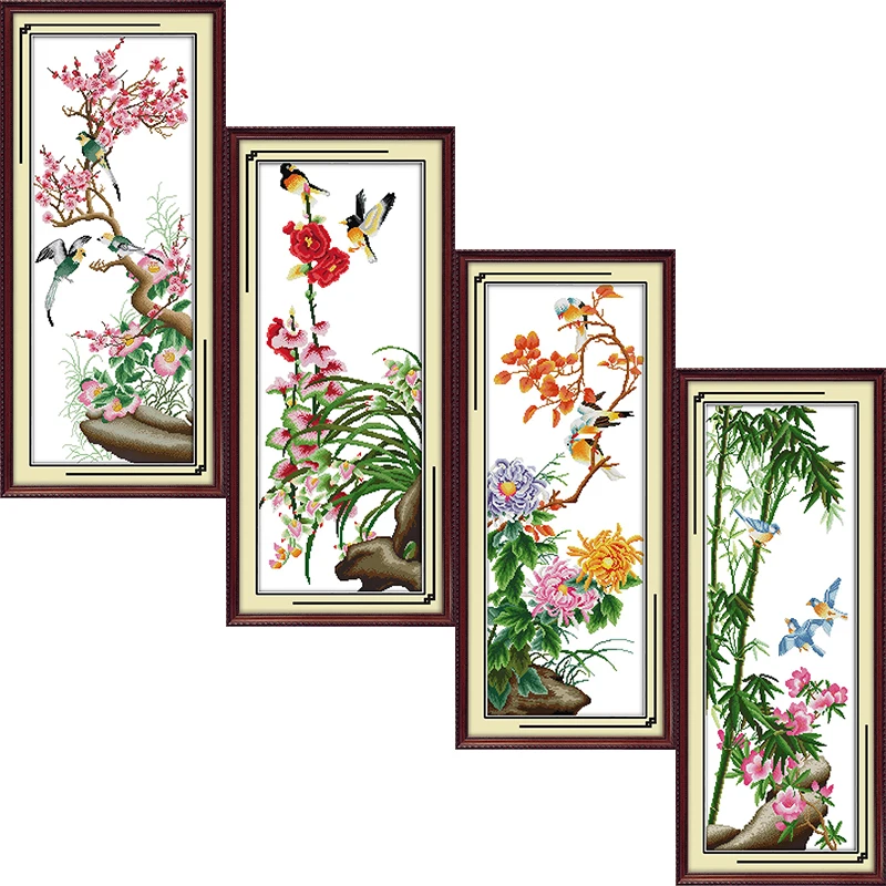 Plum Orchid Bamboo Chrysanthemum Cross Stitch Kits 11CT Printed Fabric 14CT Counted Canvas DIY Chinese Embroidery Needlework