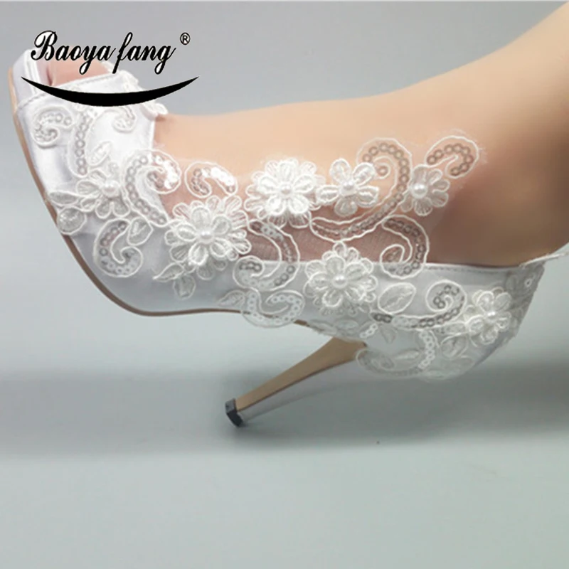 

BaoYaFang Women wedding shoes Bride New arrival White lace party dress shoes Peep Toe Open toe Ladies Pumps big size shoe