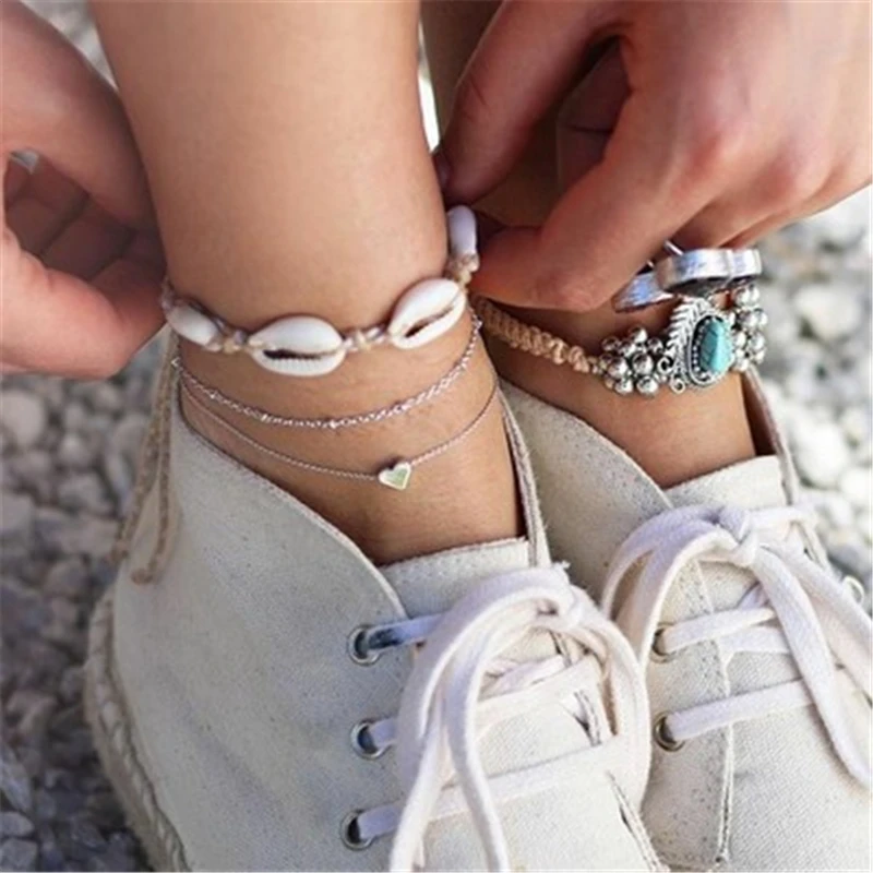 

3 piece set of anklets for women vintage shell anklet chain charm bohemian feet bare beach feet jewelry accesorios mujer