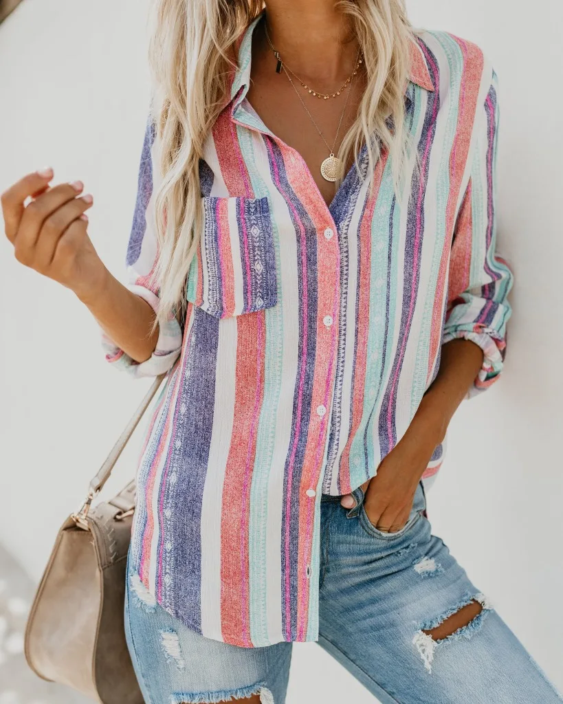 Women Long Sleeve Striped Blouses Casual V Neck Button Shirts Female Tops