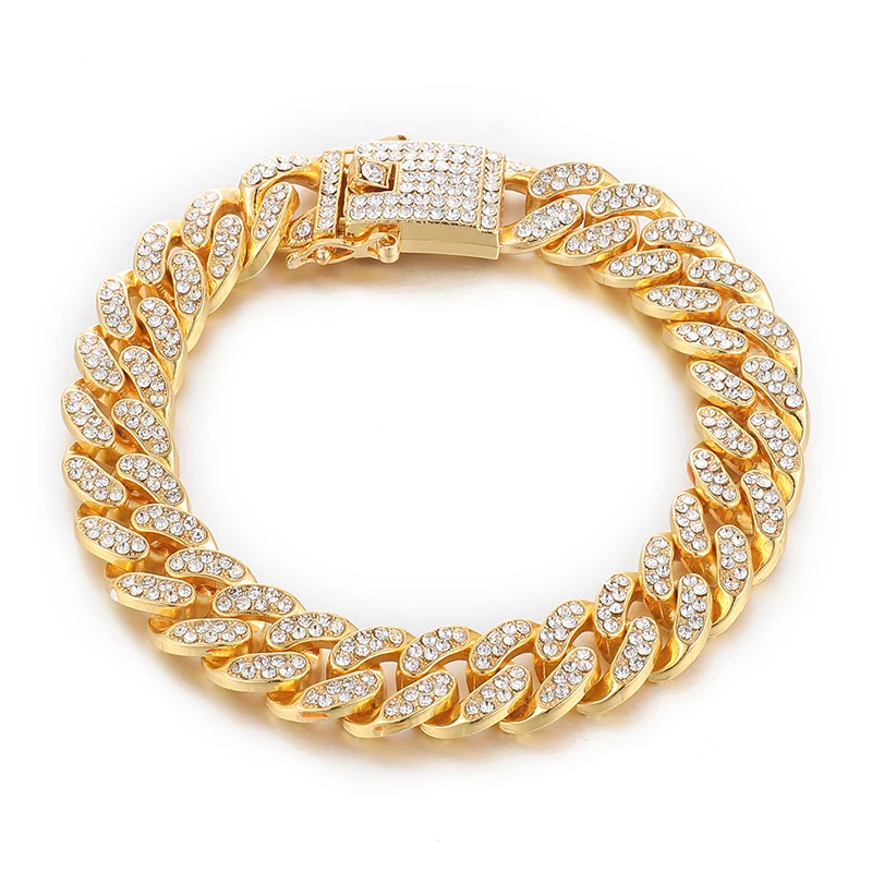 

Hip Hop Iced Out Full AAA Bling Miami Cuban Chain Men's Bracelet Rhinestone Zircon Paved Gold Silver Bracelets for Men Jewelry