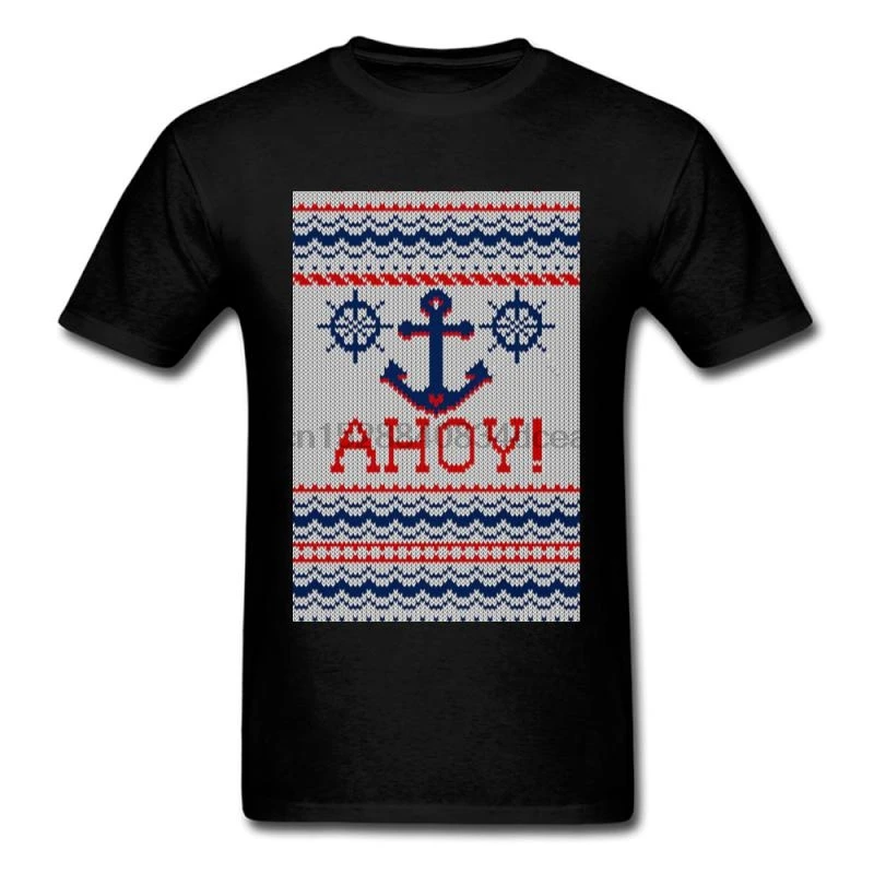 Christmas Sweater Pattern Design Men Black T-Shirt Ahoy Nautical Greetings Letter Anchor Cartoon Family Cotton T Shirt |