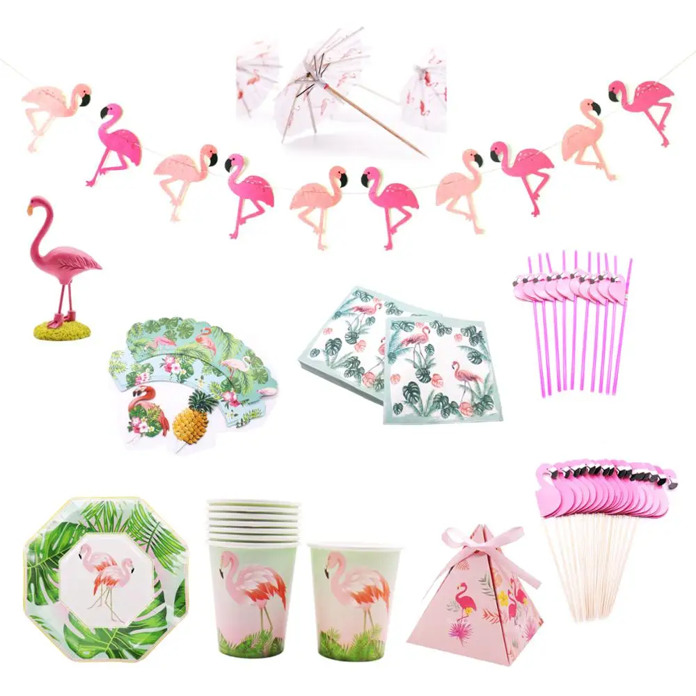 Hawaiian Party Decorations Artificial Flowers Banner Paper Cups Straw Candy Box Flamingo Summer Tropical Party Wedding Decor