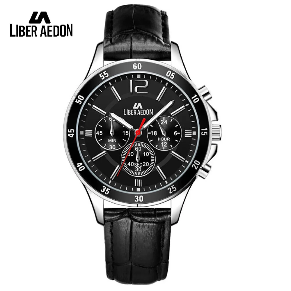 

Liber Aedon Multifunction Sport Men Watches Black Dial Real Leather Strap Wristwatches Top Brand Quartz Watch Relogio Masculino