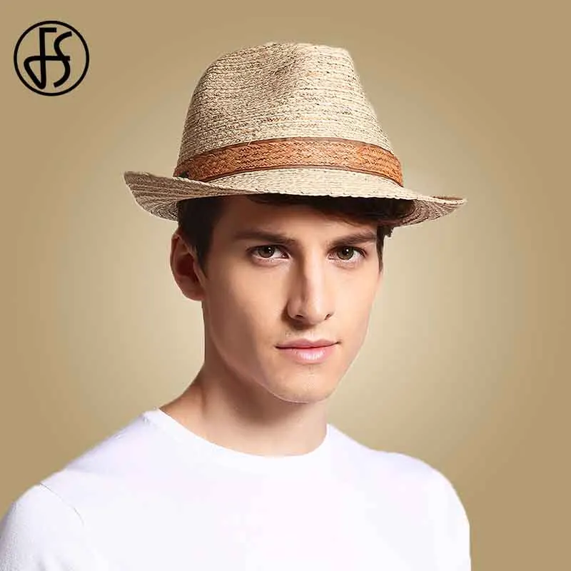 

FS Unisex Raffia Straw Fedora Hat For Men Jazz Panama Summer Sun Hats Wide Brim Male Women Beach Gentleman Visor Cap Trilby Hat