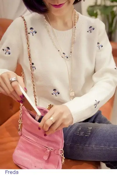 Christmas Snowman Embroidery White Sweater LC27564 | Женская одежда