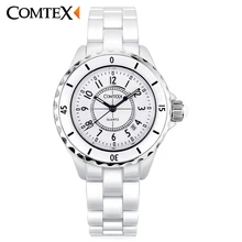 COMTEX Women’s Watches white Ceramic WristWatch Calendar Waterproof Quartz Watch fashion Leisure Watches Luxury ceramica clock