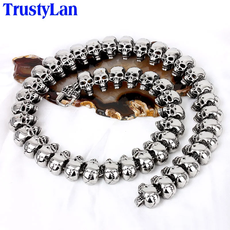 

TrustyLan Cool Gothic Male Necklaces Vintage Full Skull Skeleton Necklace For Men Long Design Link Chain Punk Rock Man Jewelry