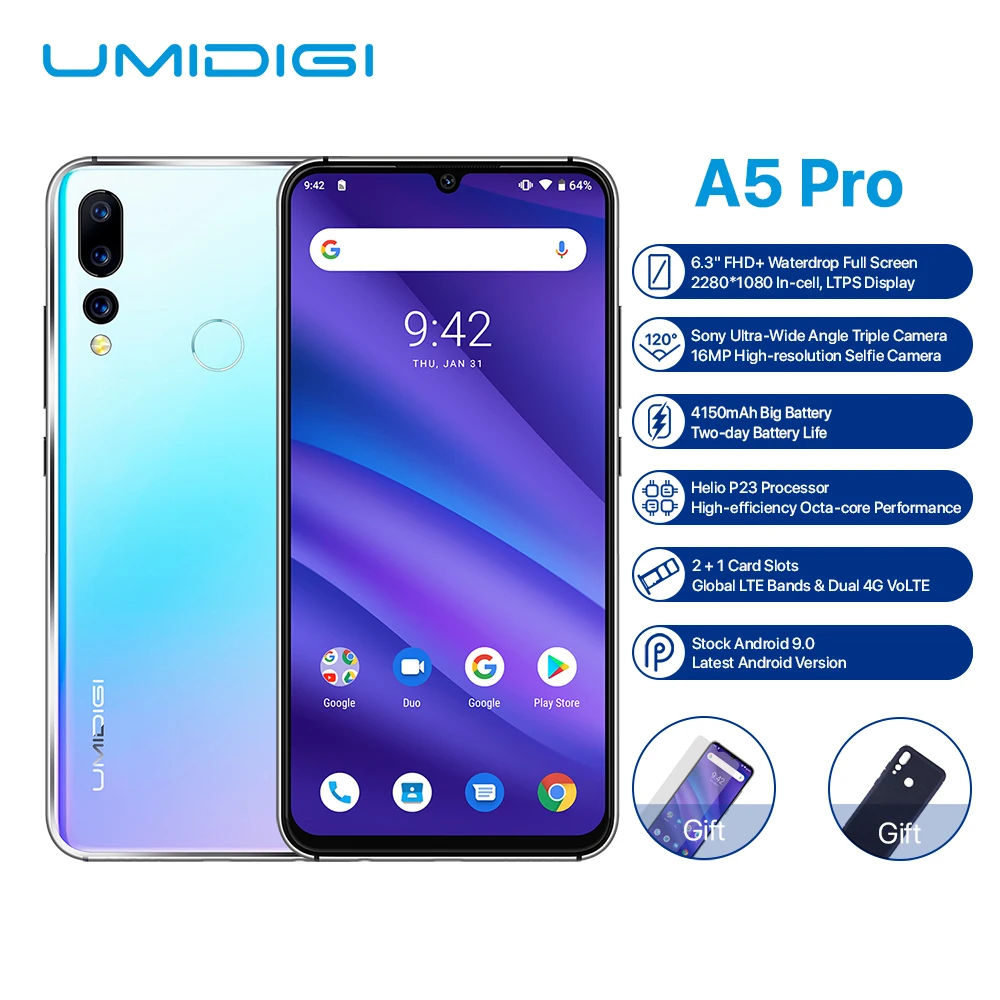 

Global Version UMIDIGI A5 PRO Android 9.0 Octa Core Mobile Phone 6.3' FHD+ 16MP Triple Camera 4150mAh 4GB RAM 32G ROM Smartphone