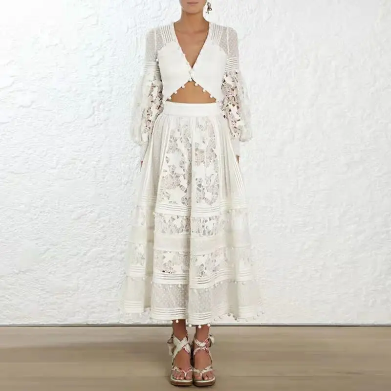 

2019 Summer Women Runway Dress Suits Fashion Lantern Sleeve Lace Patchwork Sexy Top + High Waist Long Skirt 2 Piece Party Dress