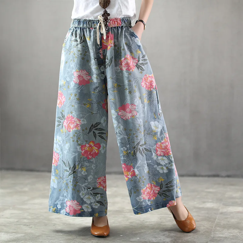 

Summer Woman Plus Size Denim Wide Leg Pants Nation Style Vintage Floral Print Pocket Elastic High Waist Jeans Pants Casual Pants