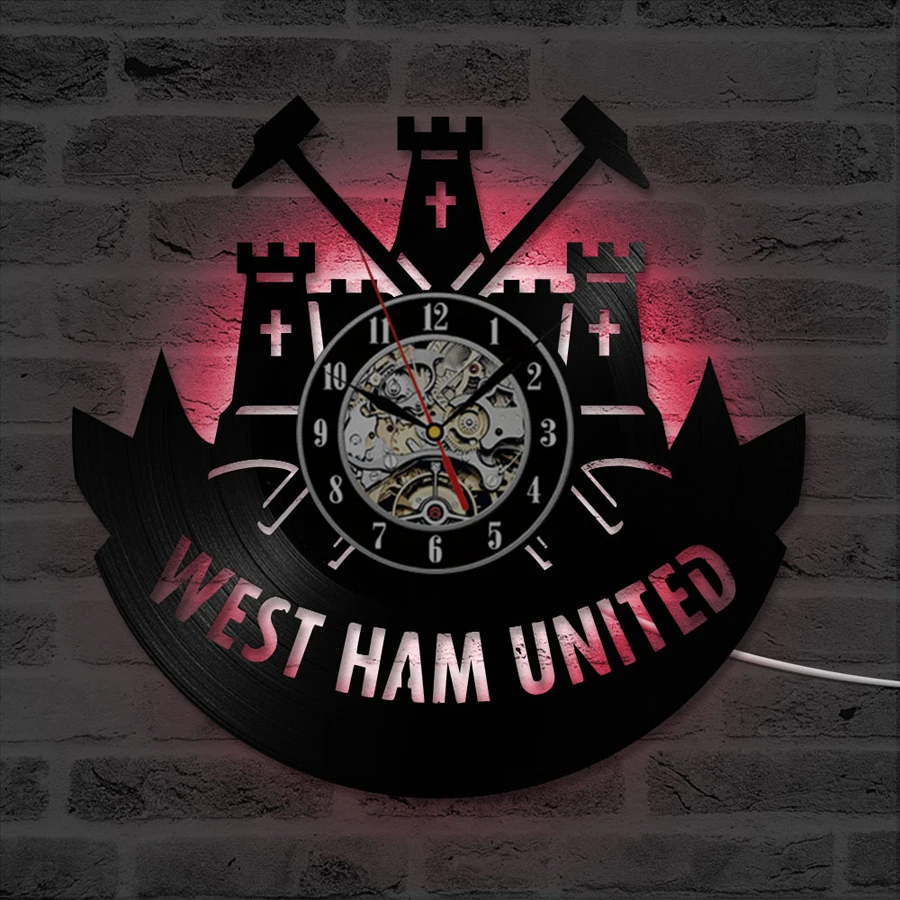 West Ham Соединенные настенные часы с 7 сменами цвета Виниловая пластинка светодиодный настенные часы Современное украшение дома подарки для любителей футбола