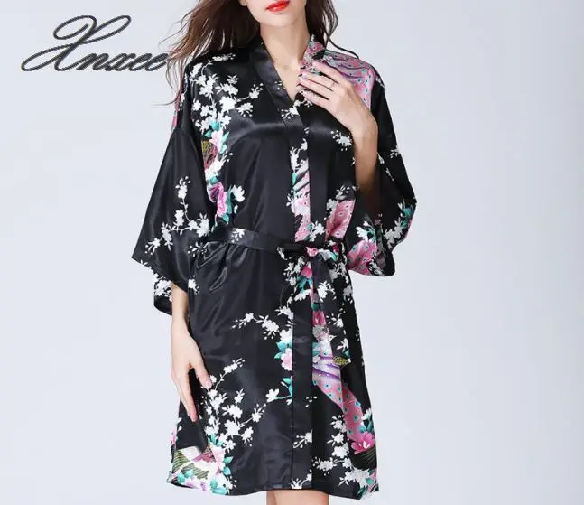 Женский халат из искусственного шелка Атласный халат атласный большой размер сексуальный цветочный халат Короткое Ночное белье женские