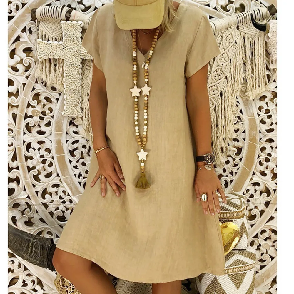 

SUMMER New Casual V-Neck Cotton and Linen Dress Women Summer Style Feminino Vestido T-shirt Cotton Casual Plus Size Ladies Dress